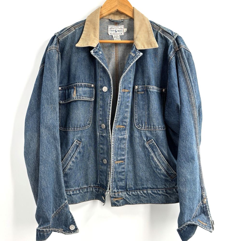 Vtg 90s Ralph Lauren Dungarees Denim Jean Jacket L Corduroy Collar Trucker
